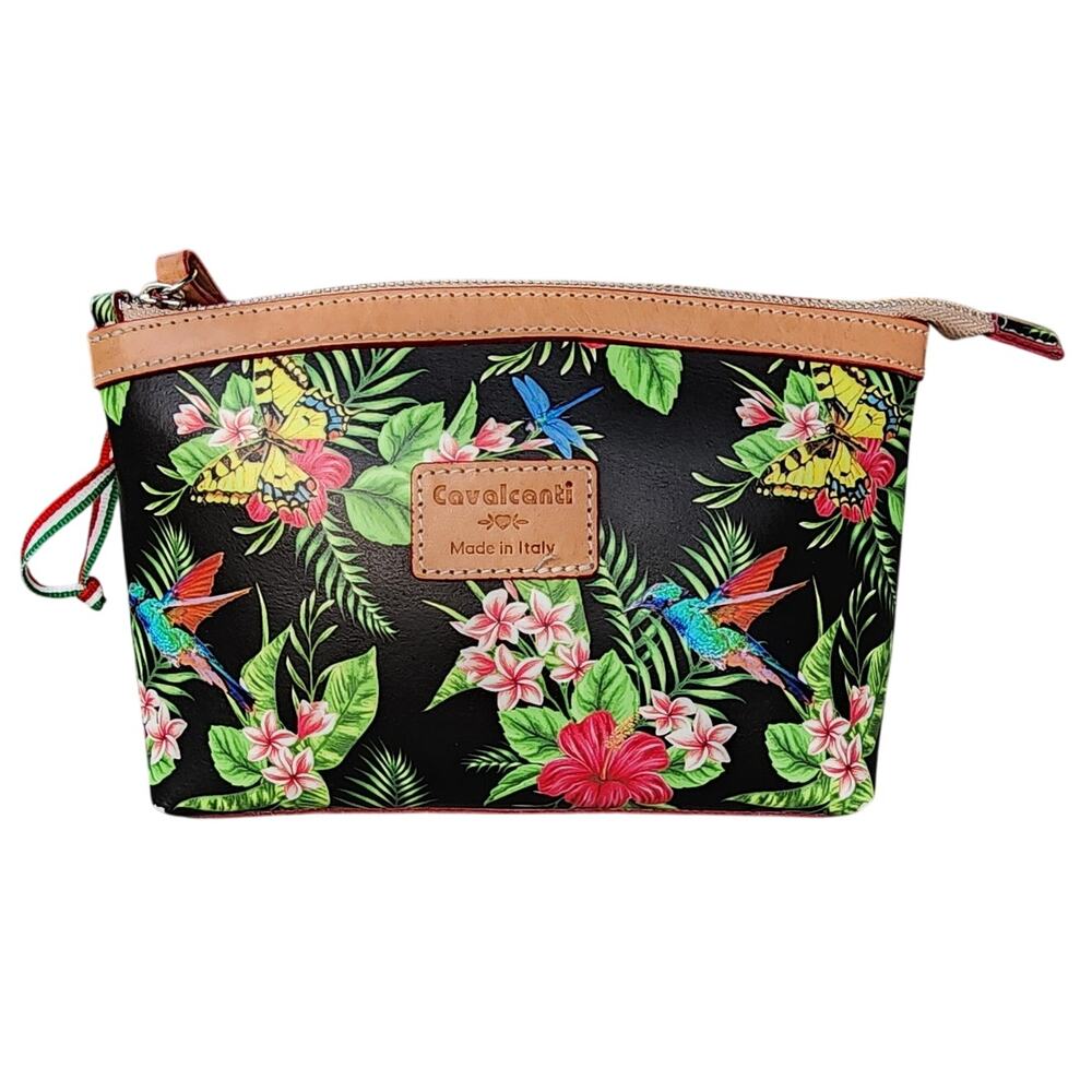 Cavalcanti Tropical Floral Leather Cosmetic Pouch Wristlet Clutch